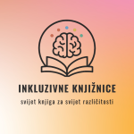 Na pozadini narančasto rozog gradijenta nalazi se logotip projekta INKLUZIVNE KNJIŽNICE s vizualom mozga iznad knjige.