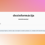 Na ružičasto narančastoj pozadini nalazi se slika zaslona s hrvatskoh jezičnog portala koja donosi definiciju riječi dezinformacija