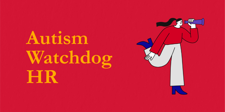 Baner s crvenim gradijentom i tekstom „Autism Watchdog HR”. Desno je ilustrirana osoba u pokretu koja kroz dalekozor promatra u daljinu, simbolizirajući praćenje i nadzor.