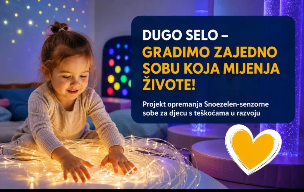 Djevojčica sjedi na krevetu i dodiruje svjetlucavi lančić žaruljica u tamnoj prostoriji s obojenim svjetlima u pozadini. Preko slike tamnoplavi natpis: 'Dugo Selo – gradimo zajedno sobu koja mijenja živote! Projekt opremanja Snoezelen-senzorne sobe za djecu s teškoćama u razvoju', uz ikonu narančastog srca.