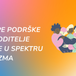 Grafika s prijelazom boja od ljubičaste i plave lijevo do narančaste i svijetložute desno. Gore lijevo je bijeli logotip Saveza udruga za autizam Hrvatske. Ispod je bijeli natpis velikim slovima: „Grupe podrške za roditelje djece u spektru autizma”. Desno je ilustracija petero nasmiješenih ljudi različite boje kože i frizura, u odjeći pastelnih boja, koji se čvrsto grle u skupini.