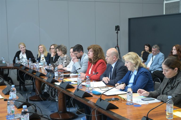 Sudionici sjednice sjede u nizu za konferencijskim stolom s mikrofonima i dokumentima ispred sebe, pažljivo slušaju izlaganja tijekom rasprave o autizmu.